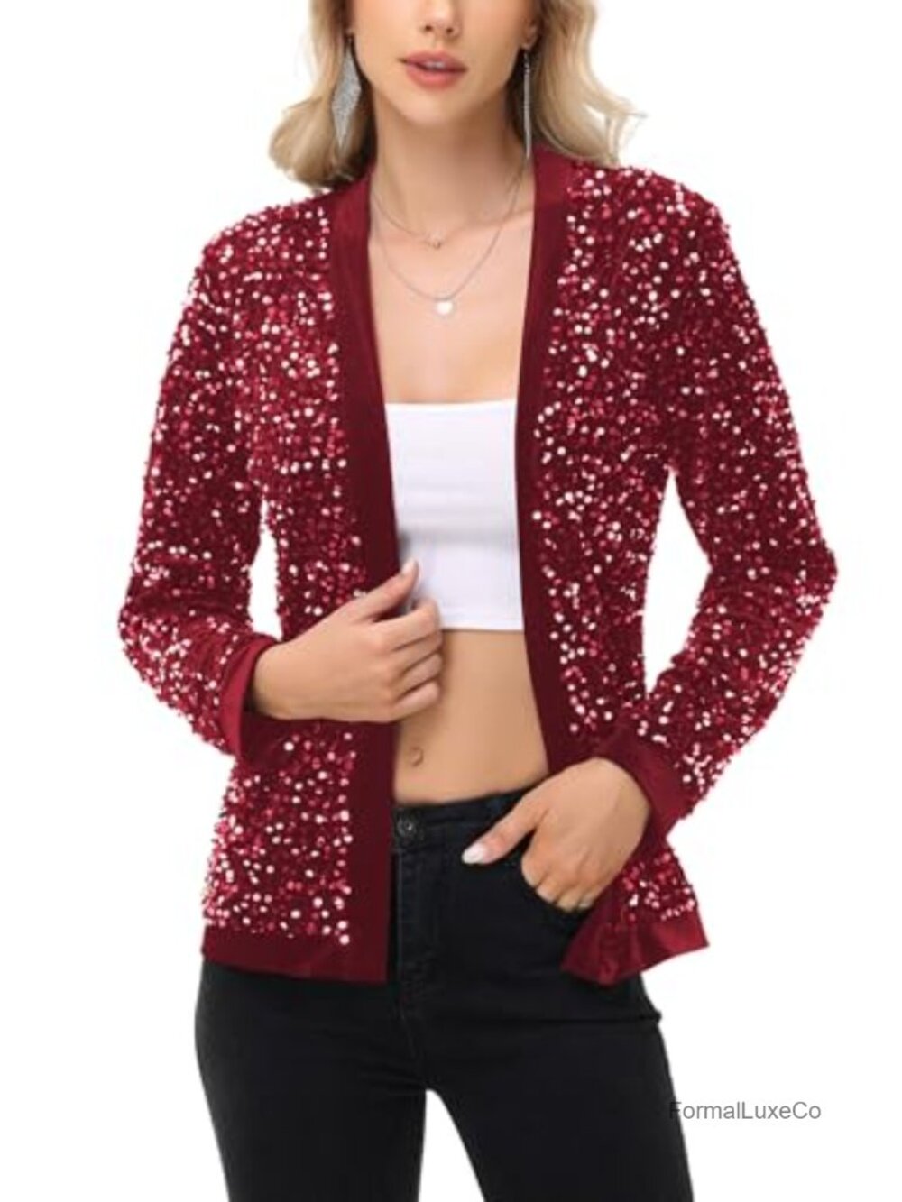 Anna-Kaci Sequin Cardigan Long Sleeve Open Front Glitter Party Blazer Jacket